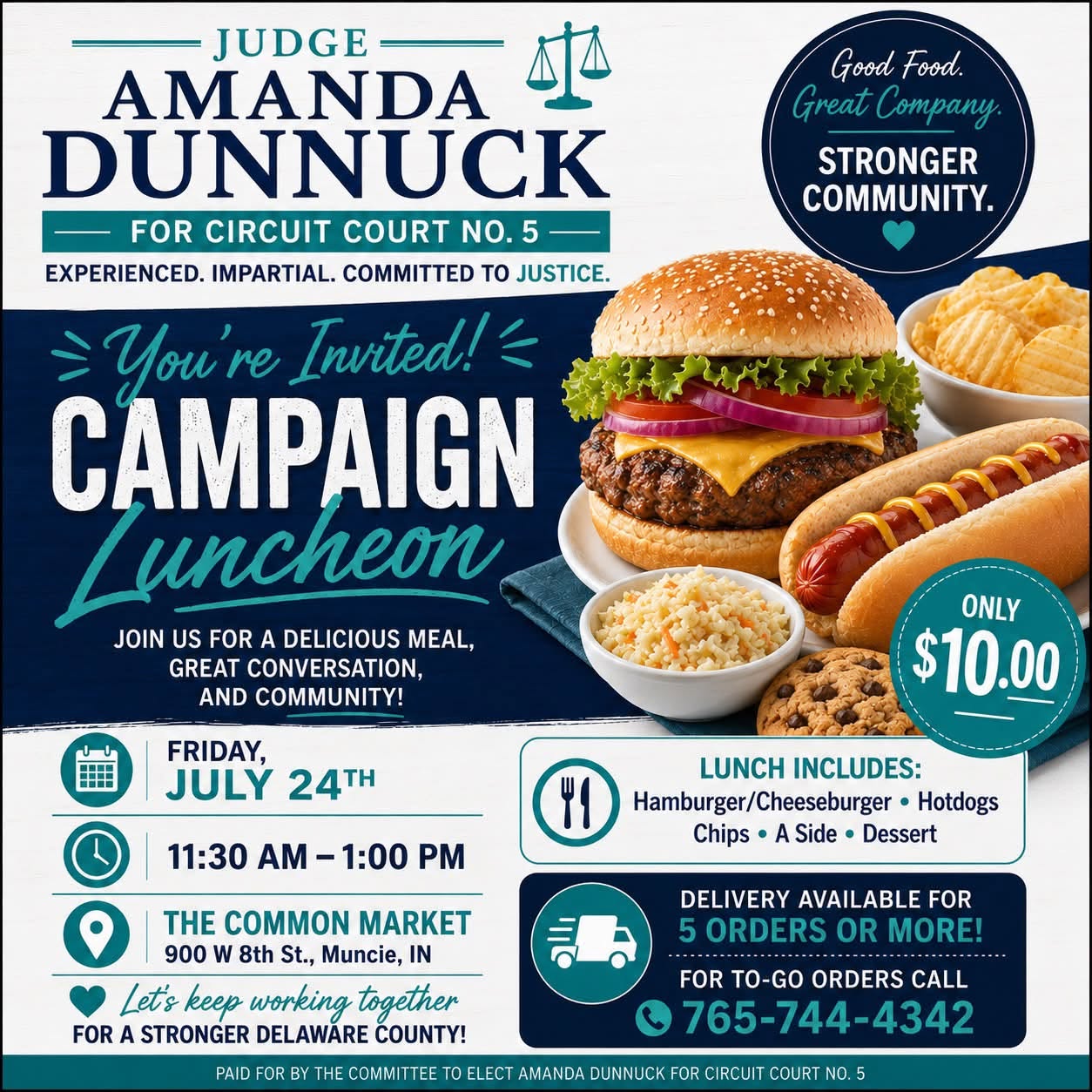 Flyer for Campaign Luncheon on Friday, July 24 from 11:30 AM - 1 Pm at Common Market